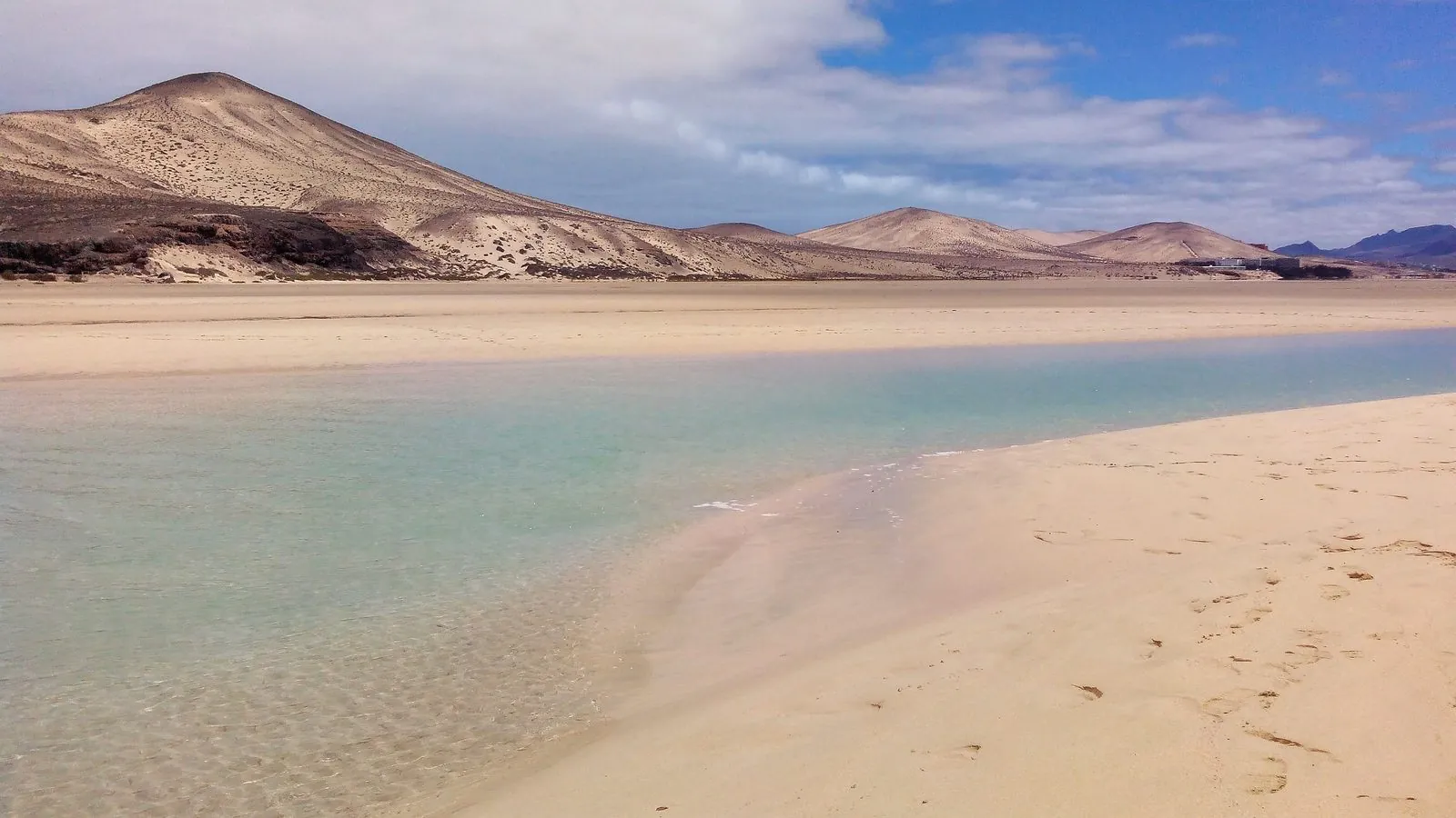 The vast pale sands and shallow lagoon of Playa de Sotavento on the Jandía coast of Fuerteventura
