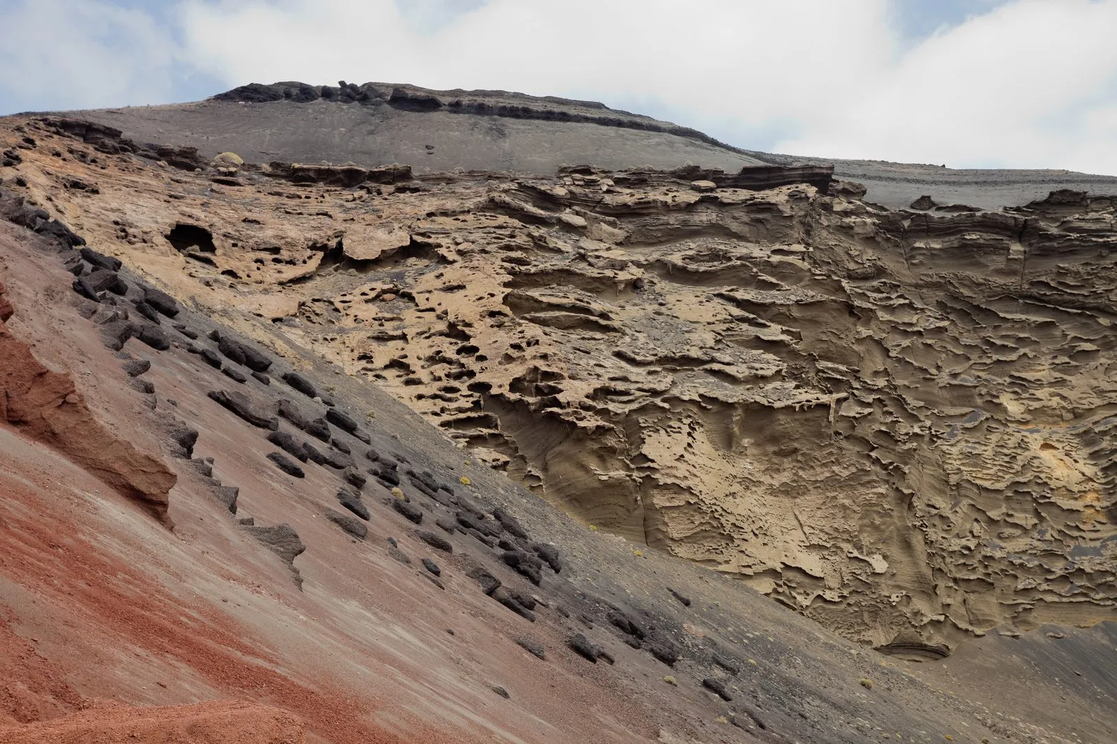 Green lagoon set against the eroded volcanic crater at El Golfo, Lanzarote