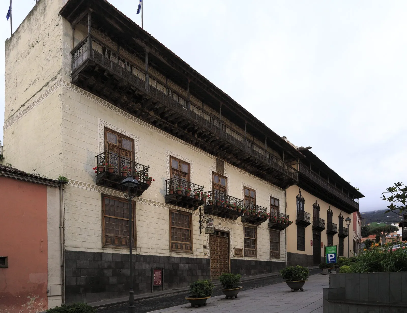 Traditional Canarian timber balconies on a historic house in La Orotava, Tenerife