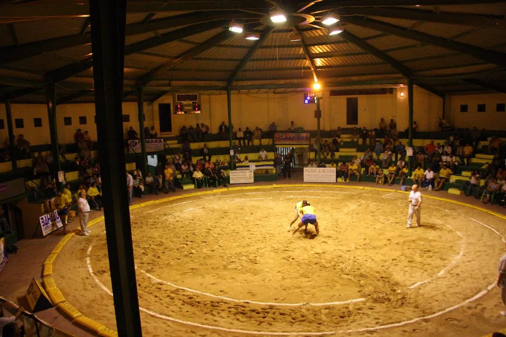 A bout of lucha canaria wrestling in the sand ring