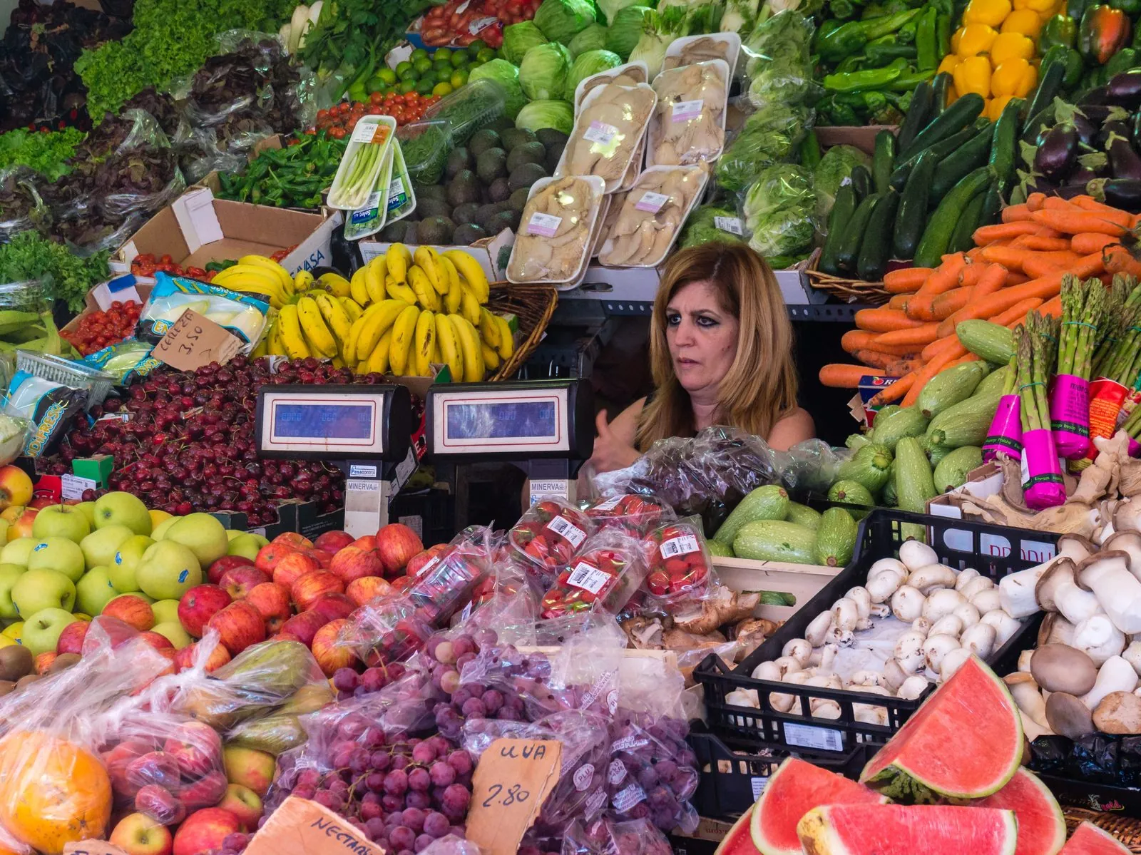 A colourful fruit and produce stall at the Nuestra Señora de África market, Tenerife