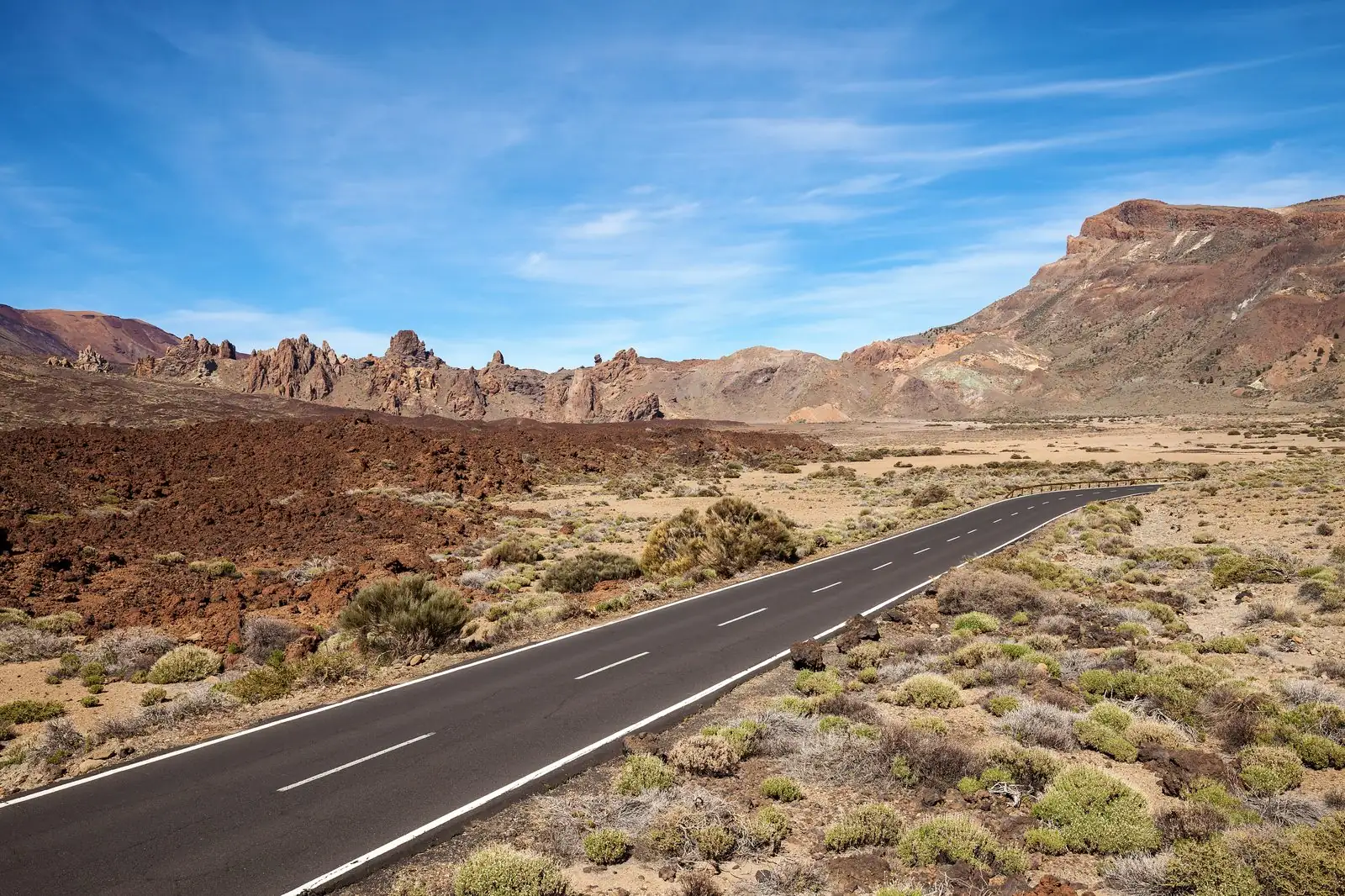 The Roques de Garcia rock formation and the TF-21 road below Teide, Tenerife