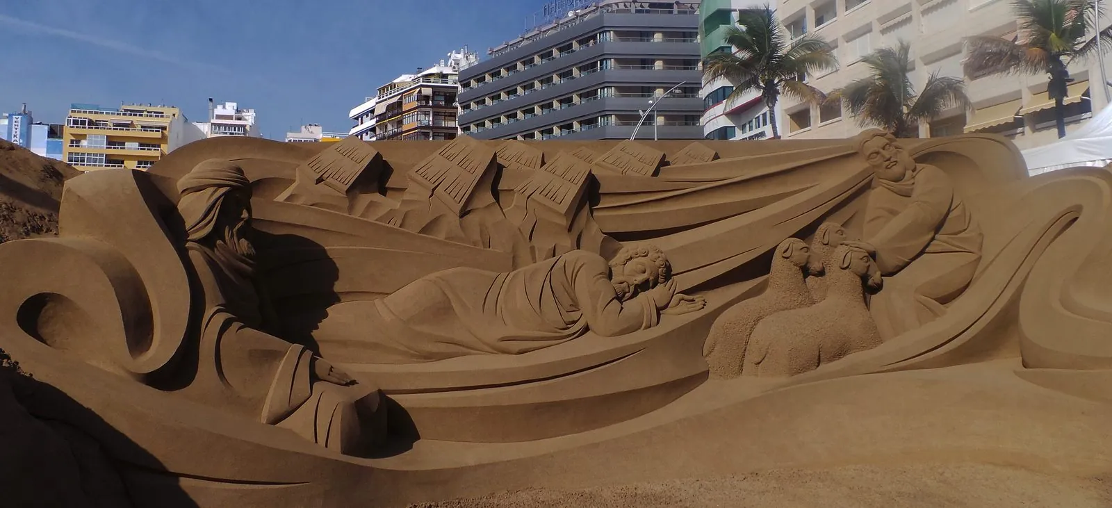 Sand nativity sculptures for Christmas on Las Canteras beach, Gran Canaria