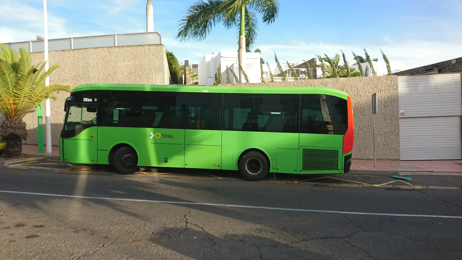 A green TITSA guagua (public bus) at Costa Adeje in the south of Tenerife