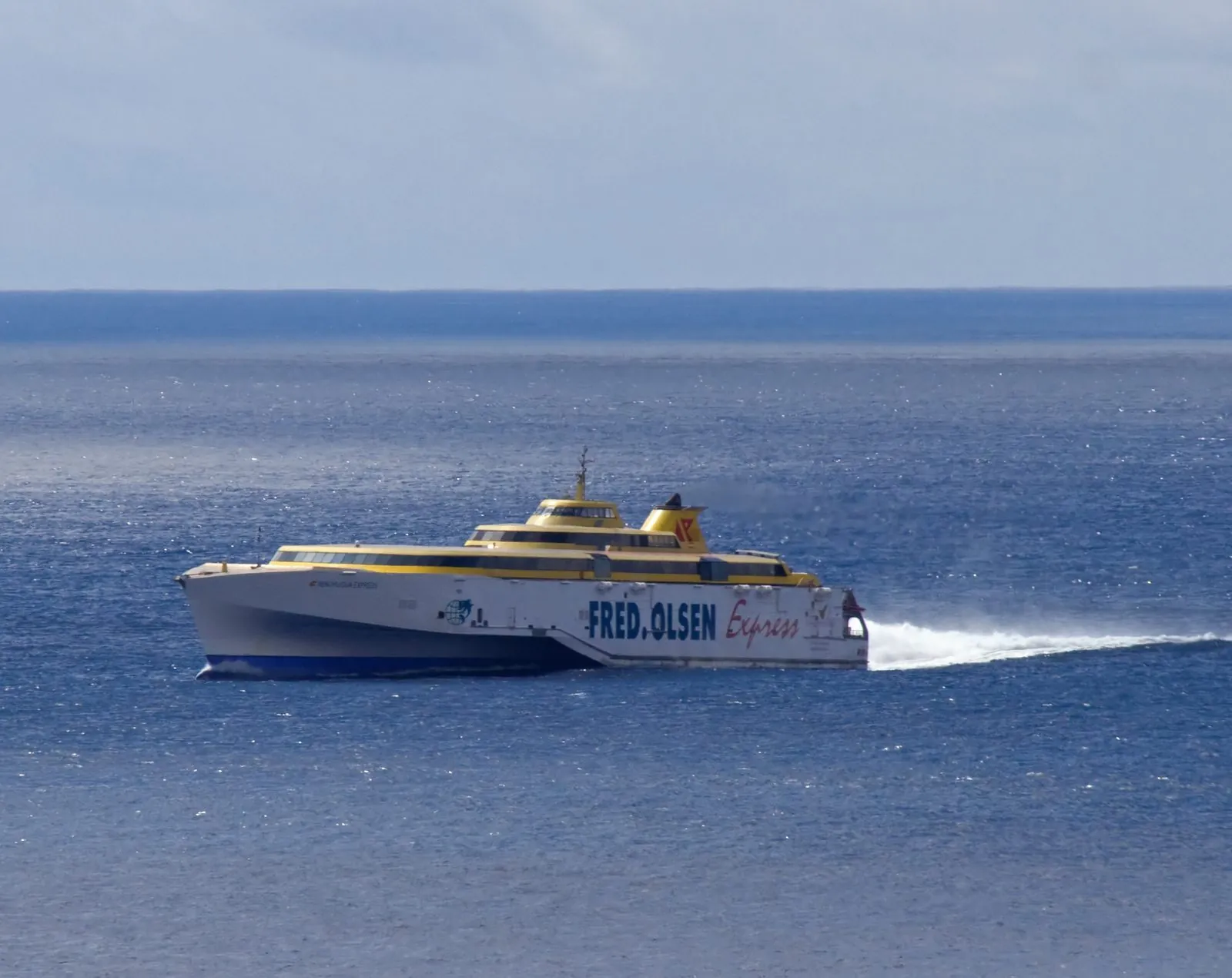 The Fred Olsen fast ferry Benchijigua Express, which links the Canary Islands, under way at sea
