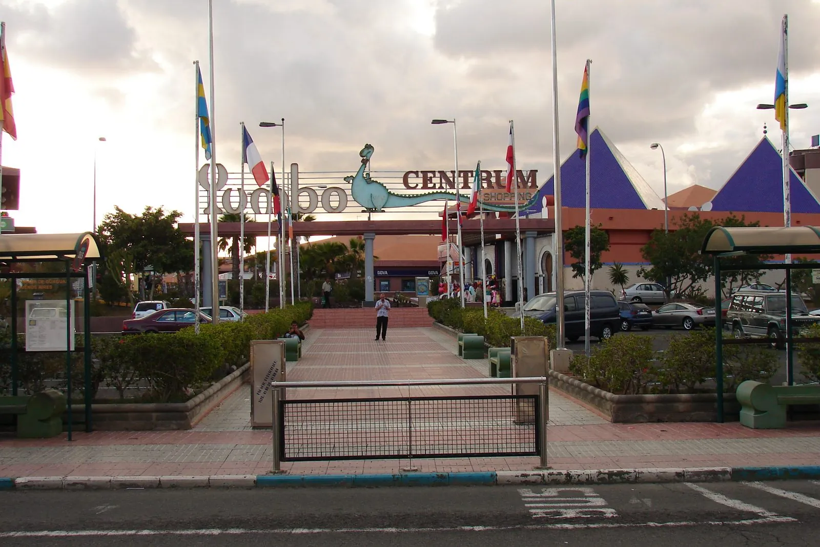 Terraces and bars of the Yumbo Centrum, a hub of gay nightlife in Maspalomas, Gran Canaria