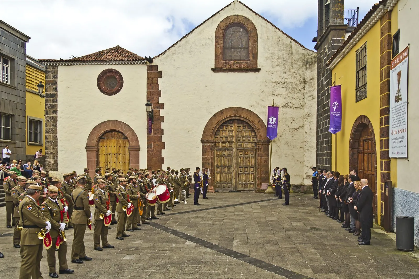 Penitents and religious floats during Semana Santa in La Laguna, Tenerife