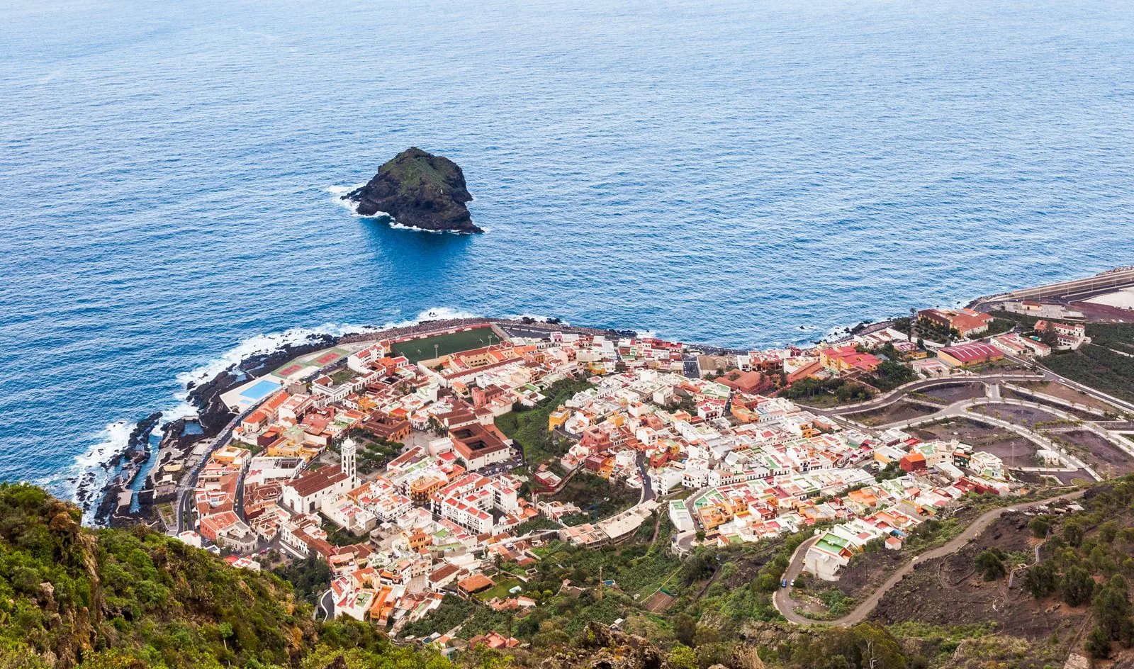 Rooftops and streets of the old Canary town of Garachico beside the sea on Tenerife