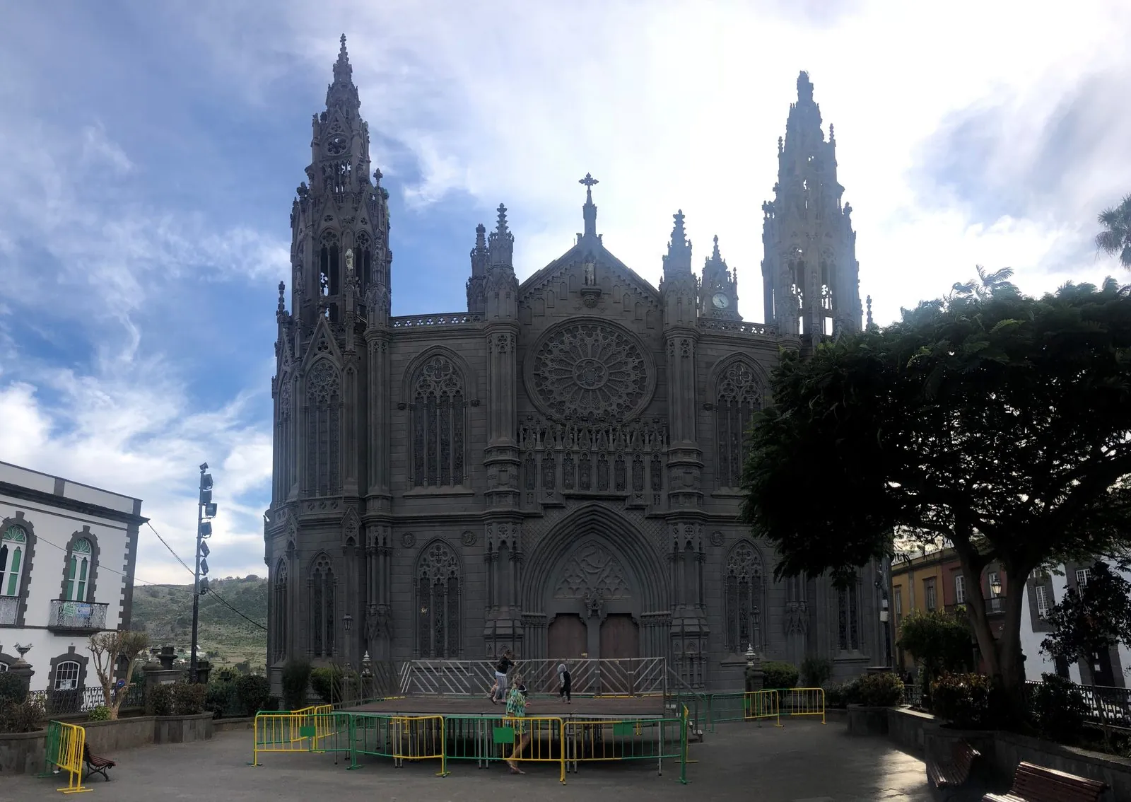Neo-gothic dark-stone Church of San Juan Bautista rising above Arucas, Gran Canaria
