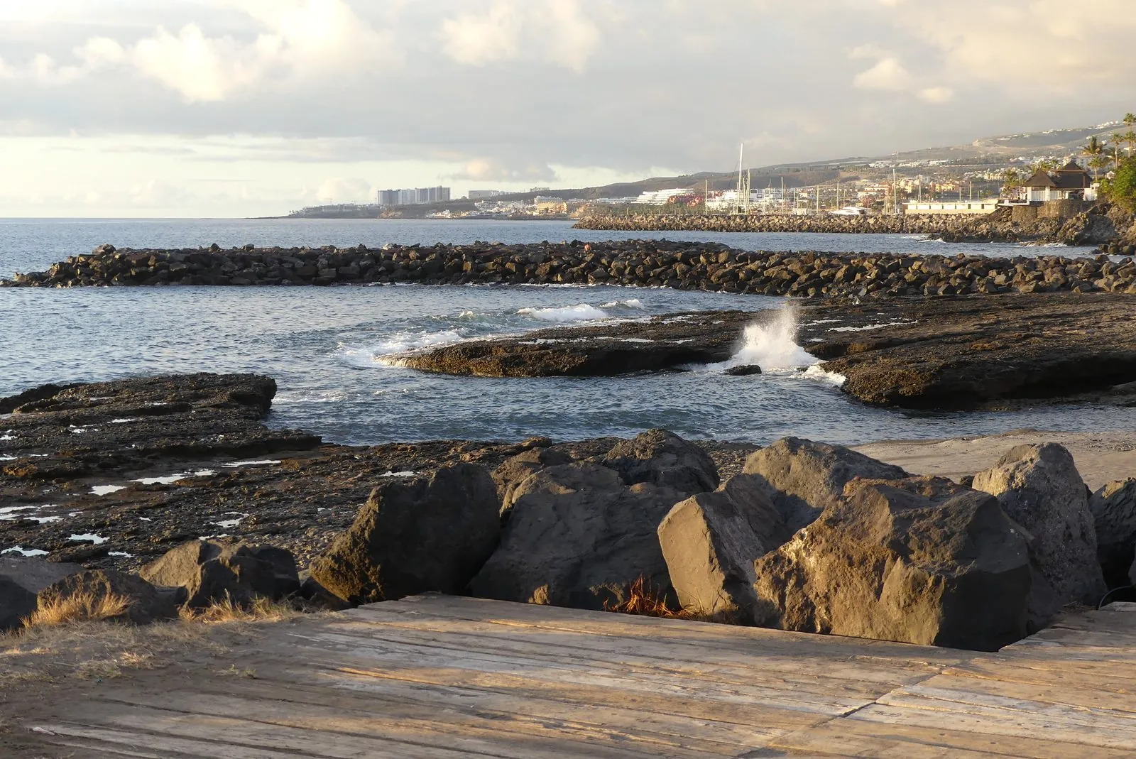 The hotel-lined seafront and rocky coast of the Costa Adeje resort in southern Tenerife