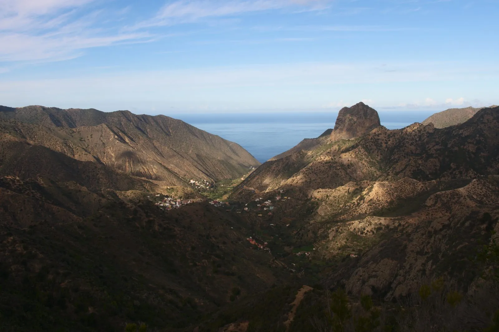 General view over the green valley town of Vallehermoso, La Gomera