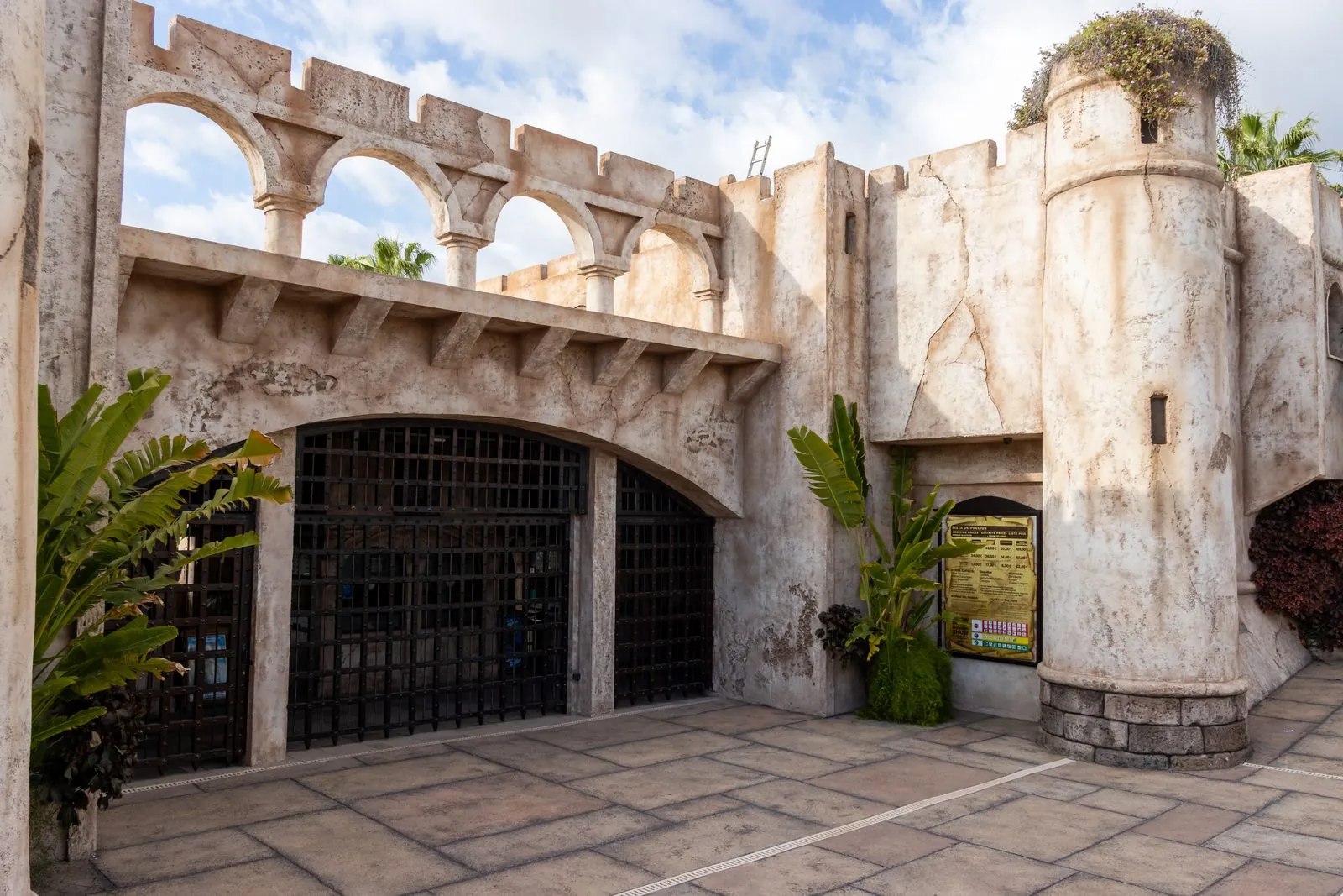 The themed entrance courtyard of Aqualand Costa Adeje, Tenerife