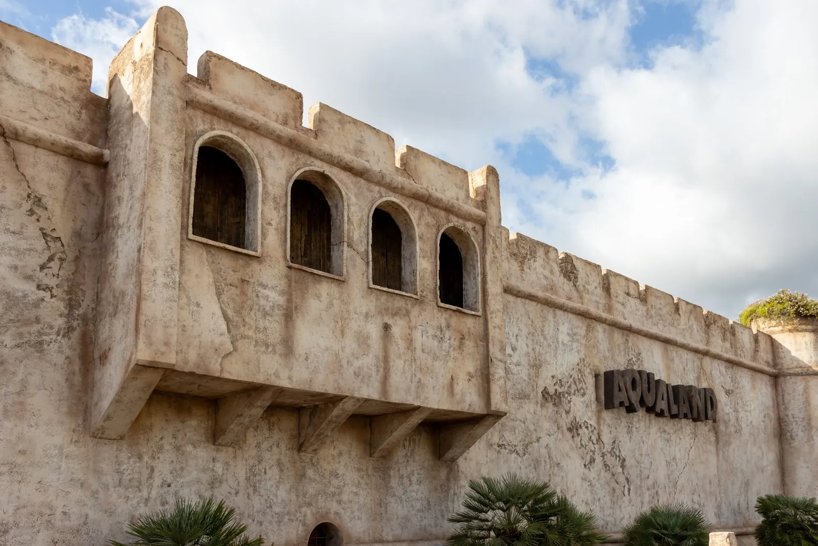 The castle-themed entrance of Aqualand Costa Adeje water park in southern Tenerife