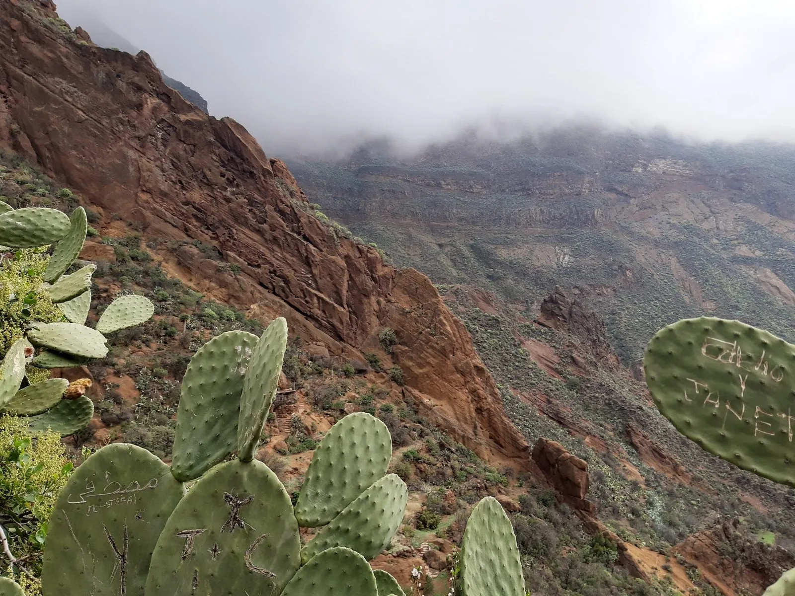 Low clouds drifting over the steep slopes of the Barranco de Guayadeque ravine, Gran Canaria
