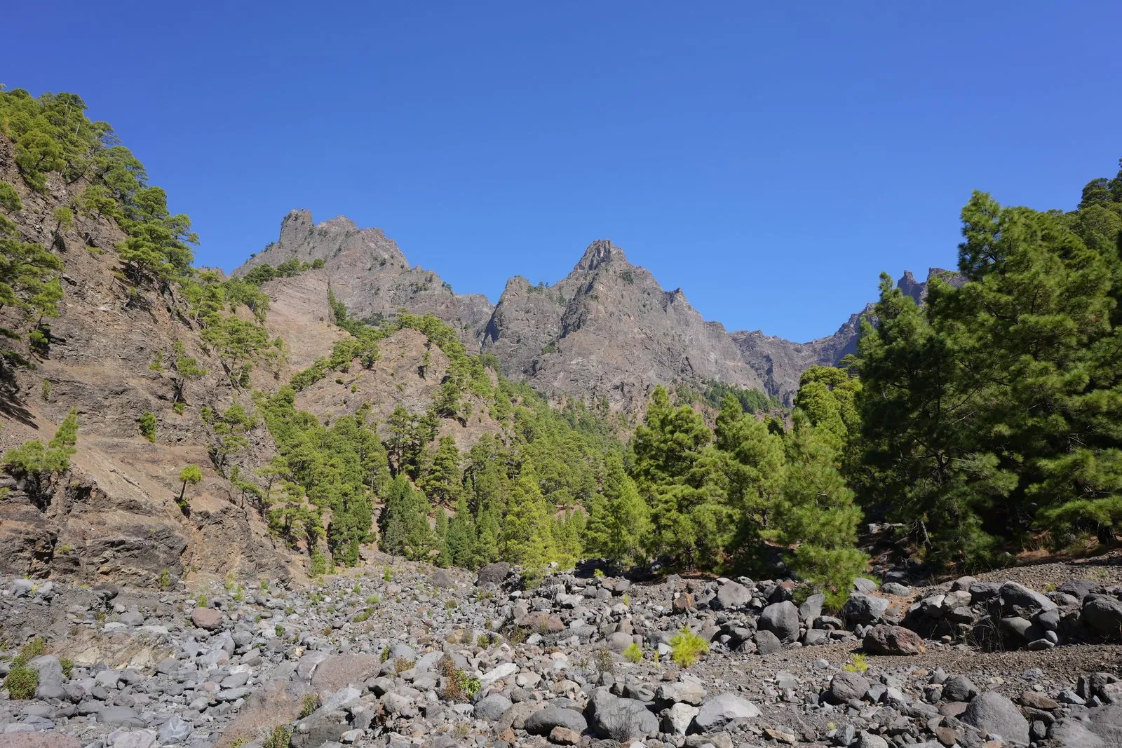 The stony floor and jagged peaks seen from inside the Caldera de Taburiente, La Palma