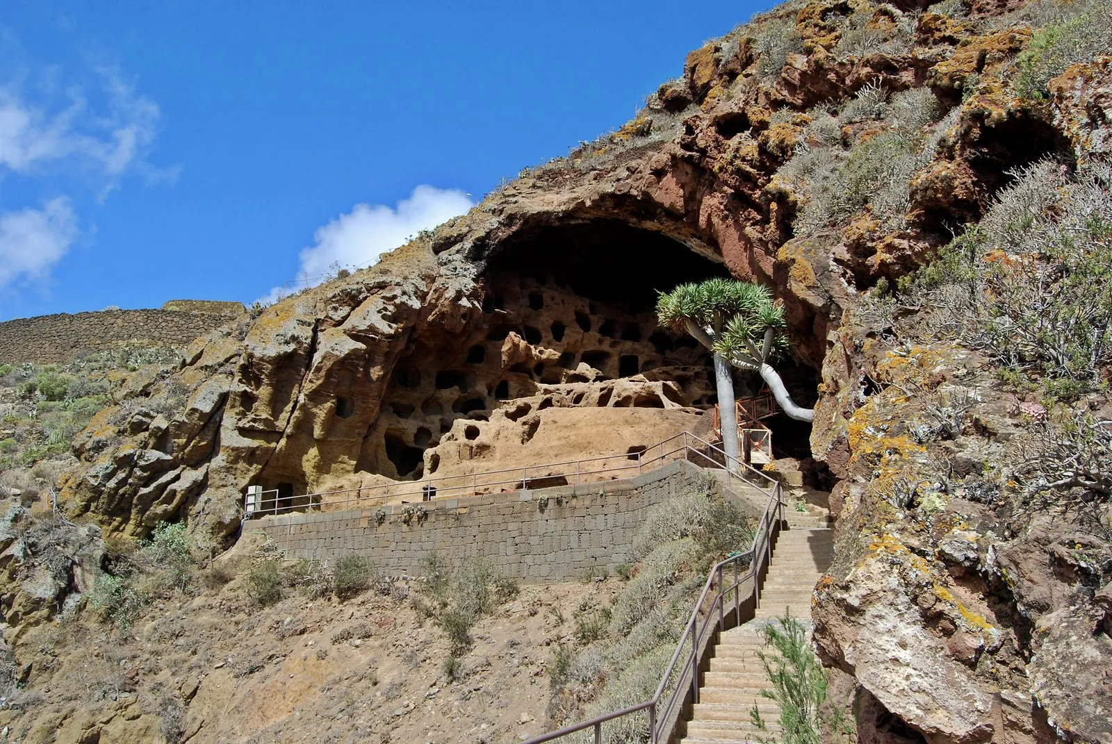 Close view of the aboriginal cave granary carved into the cliff at Cenobio de Valerón, Gran Canaria