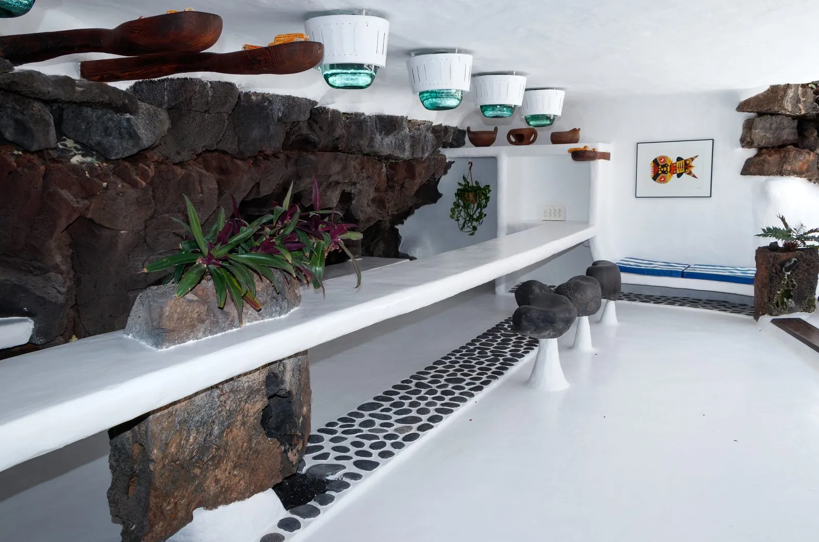 The white curving interior of Cesar Manrique's Jameos del Agua, built inside a volcanic cave on Lanzarote