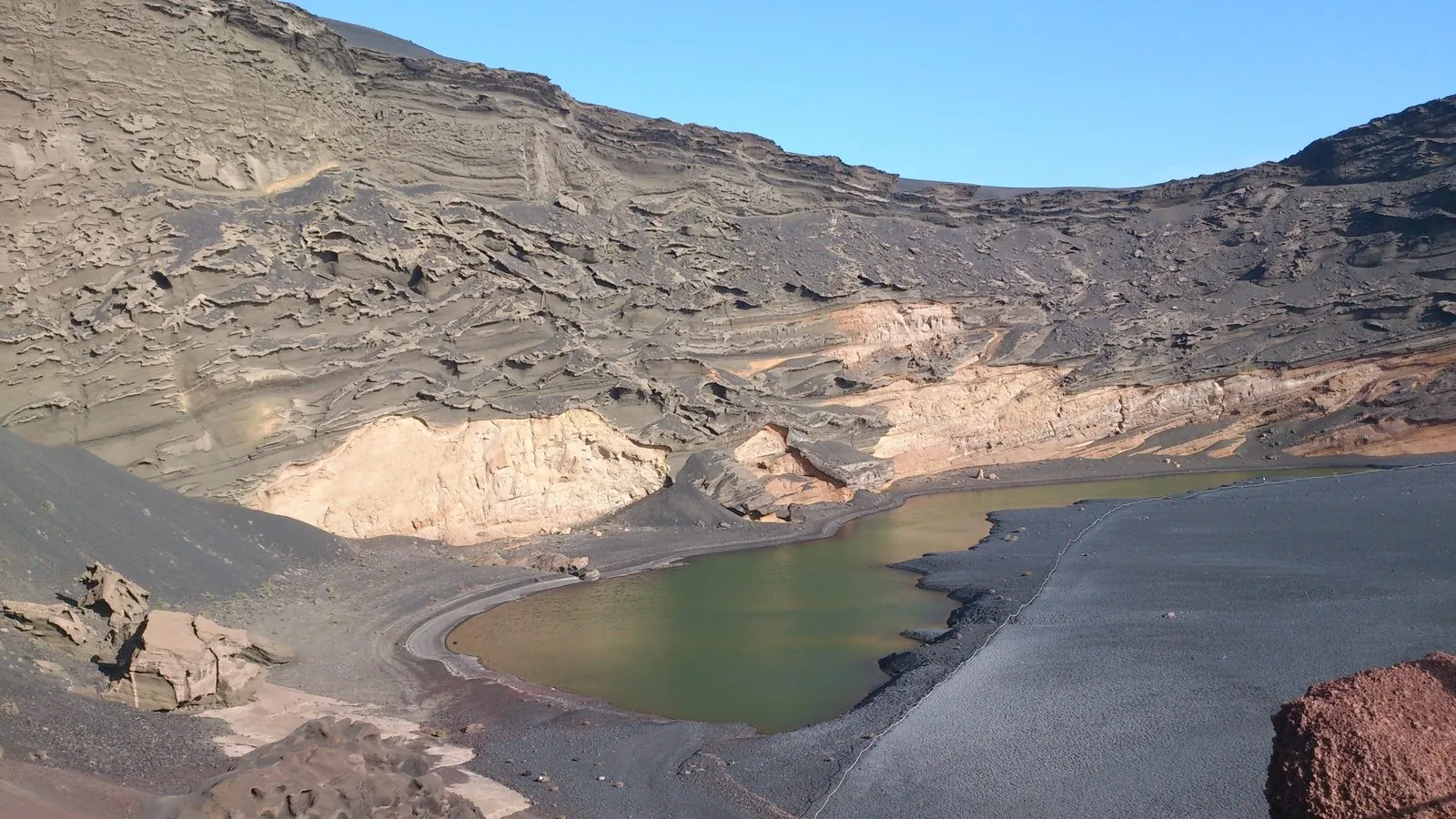 The bright green Charco de los Clicos lagoon at El Golfo on the coast of Lanzarote