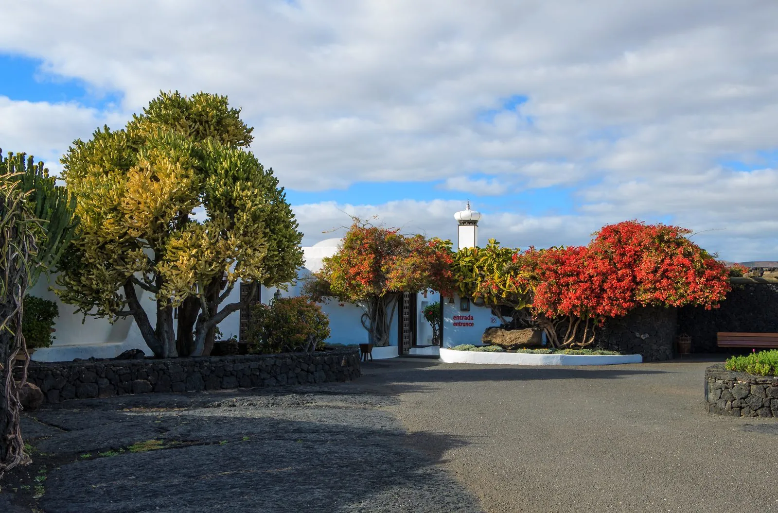 The white-walled entrance of the Fundación César Manrique, built on the lava field at Taro de Tahíche, Lanzarote