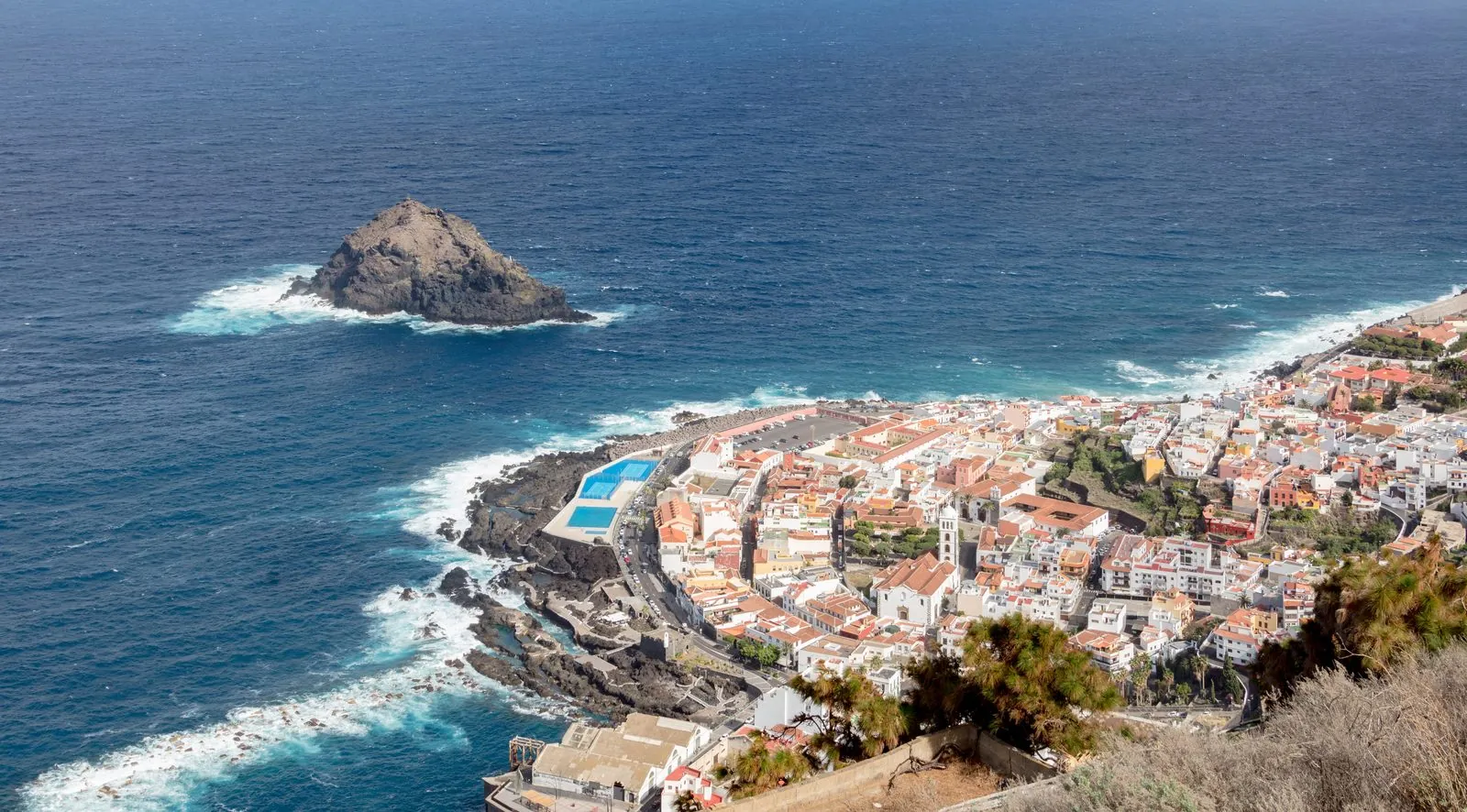 The coastal town of Garachico and its offshore roque seen from above on northern Tenerife