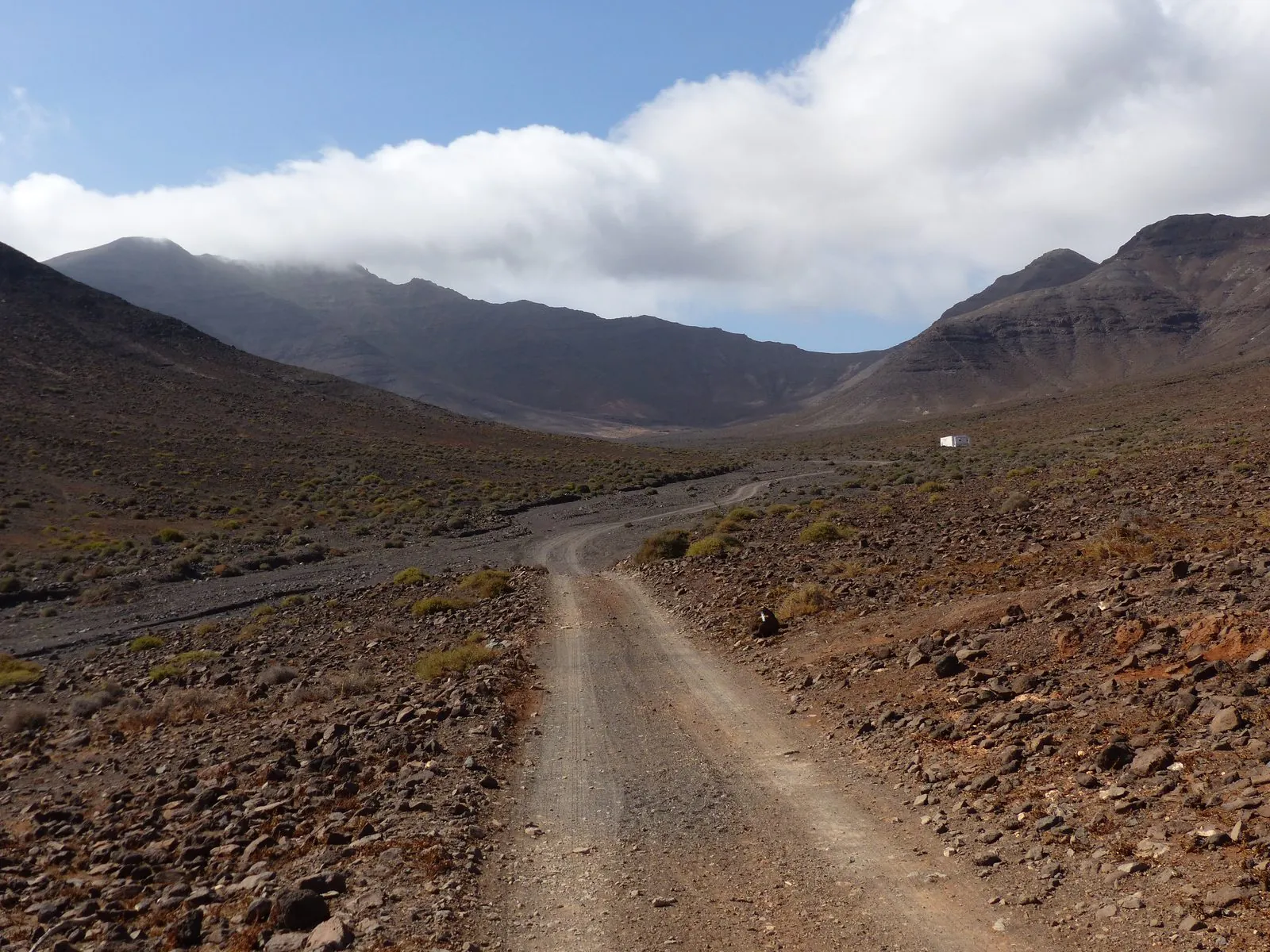 Unpaved dirt track winding through the Jandía landscape of Fuerteventura