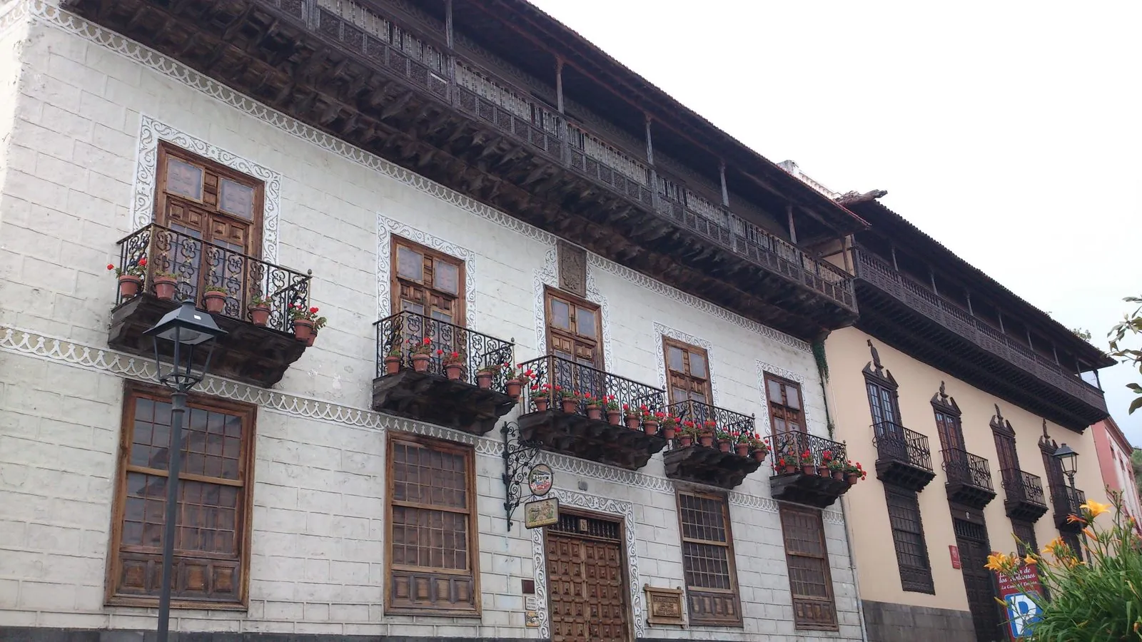 The carved wooden balconies of the Casa de los Balcones in the historic town of La Orotava, Tenerife