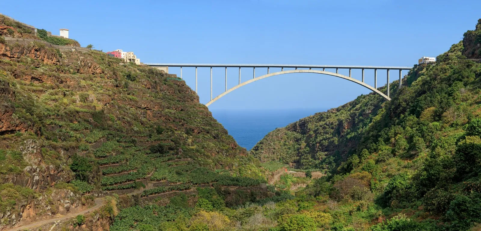 The tall arched Puente de Los Tilos bridge spanning the green Barranco del Agua above the laurel forest, La Palma