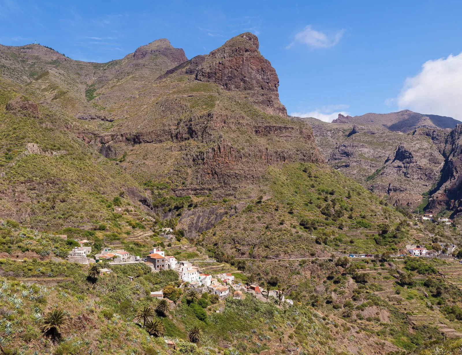 The white houses of Masca village clinging to a knife-edge ridge in the Teno mountains of Tenerife