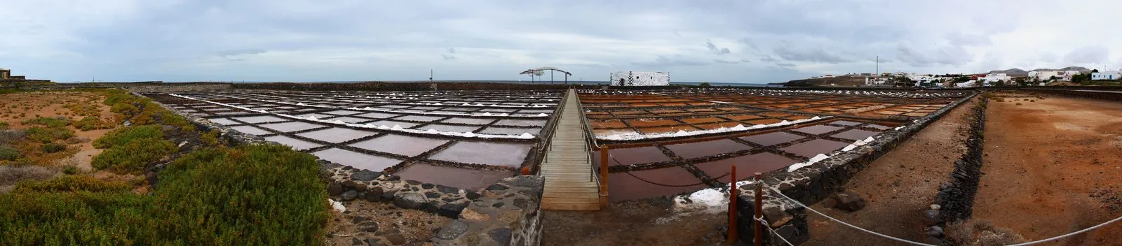Panorama of the coastal salt pans of Salinas del Carmen, Fuerteventura
