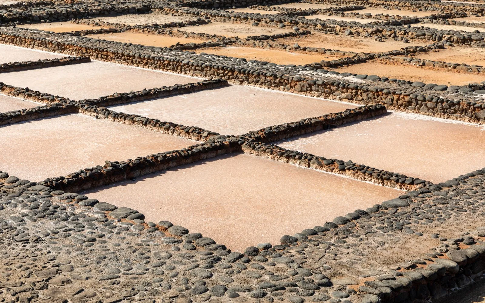 Crystallisation basins of the working salt pans at Salinas del Carmen, Fuerteventura