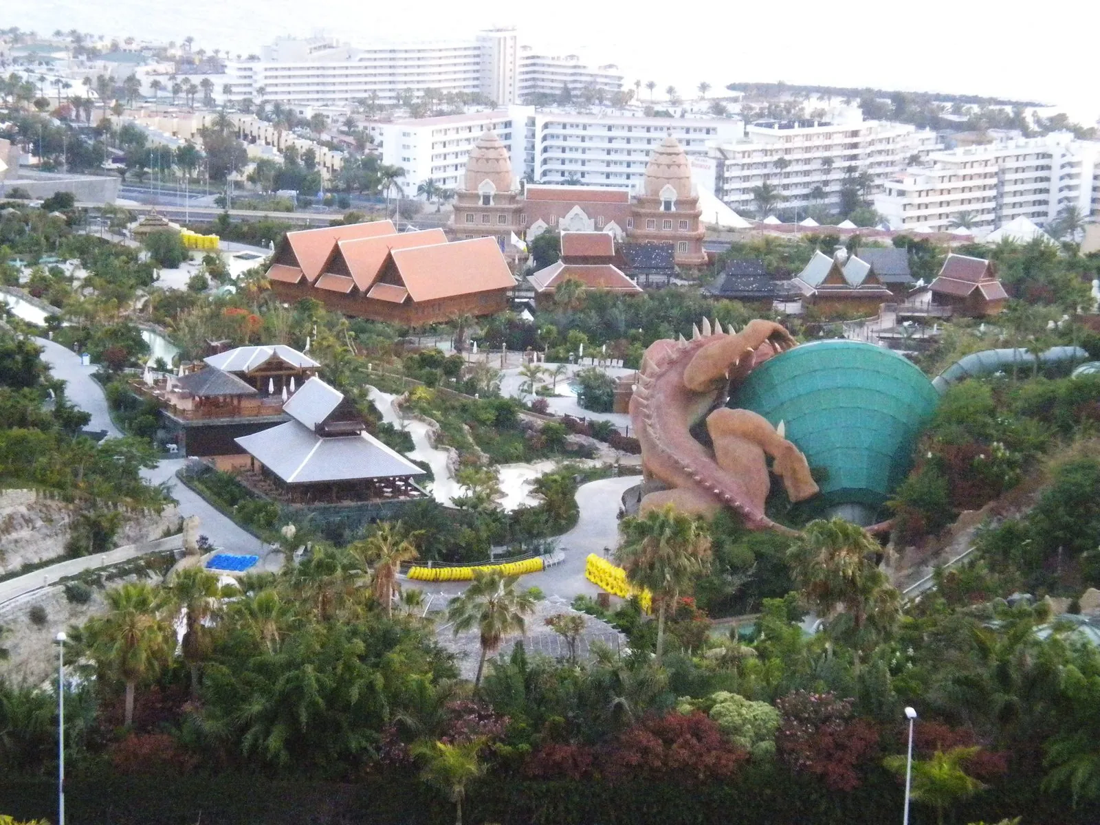 Aerial view over the Thai-themed pavilions and slides of the Siam Park water park, Costa Adeje, Tenerife