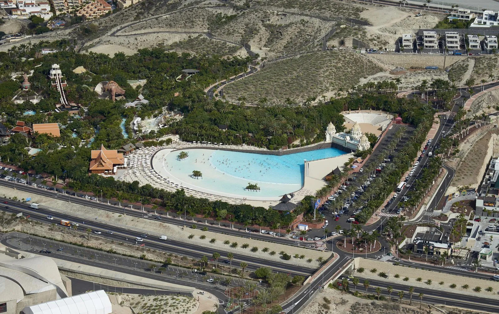 Aerial view of Siam Park water park with its slides and wave pool at Costa Adeje, Tenerife
